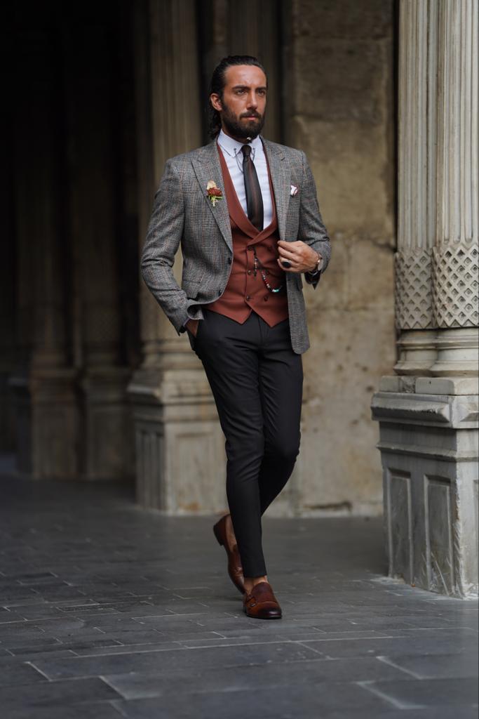Thread Slim Fit Black Combination Plaid Suit