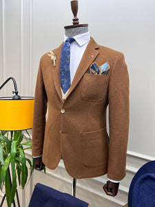 Rick Slim Fit Baroncelli Special Italian Fabric Stamped Camel Woolen Blazer