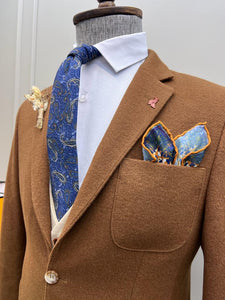 Rick Slim Fit Baroncelli Special Italian Fabric Stamped Camel Woolen Blazer