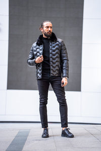Bojoni Matera Slim Fit Black Self-Printed Fur Detail Coat