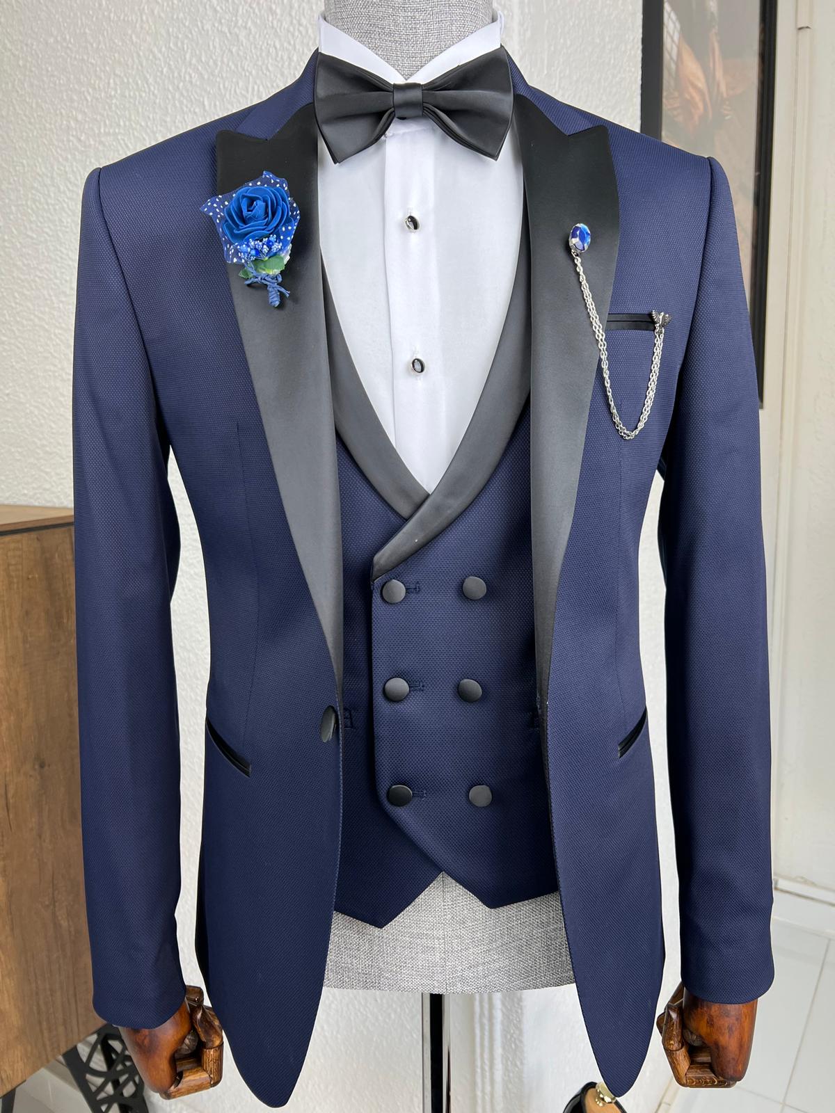 Luxe Slim Fit Patterned Navy Blue Dovetail Collared Tuxedo