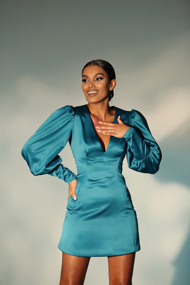 Viclans Balloon Sleeve Satin Mini Green Dress Viclans Balloon Sleeve Satin Mini Green Dress