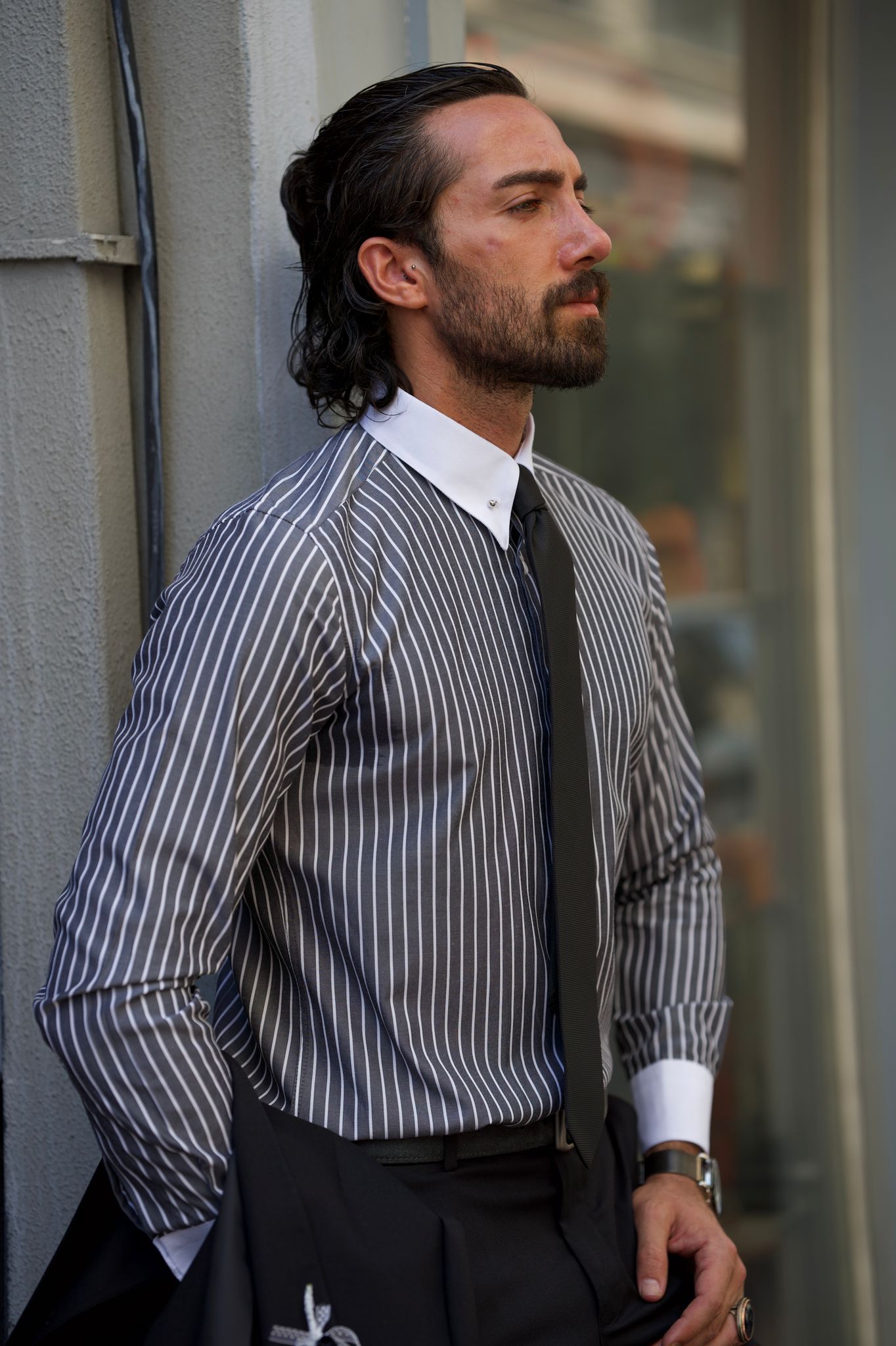 Bojoni Uluwatu Slim Fit Italian Collared Striped Black Shirt
