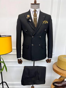 Rick Slim Fit Special Design Double Breasted Black Detailed Suit