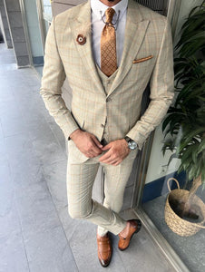 Ace Slim Fit Plaid Beige Striped Suit