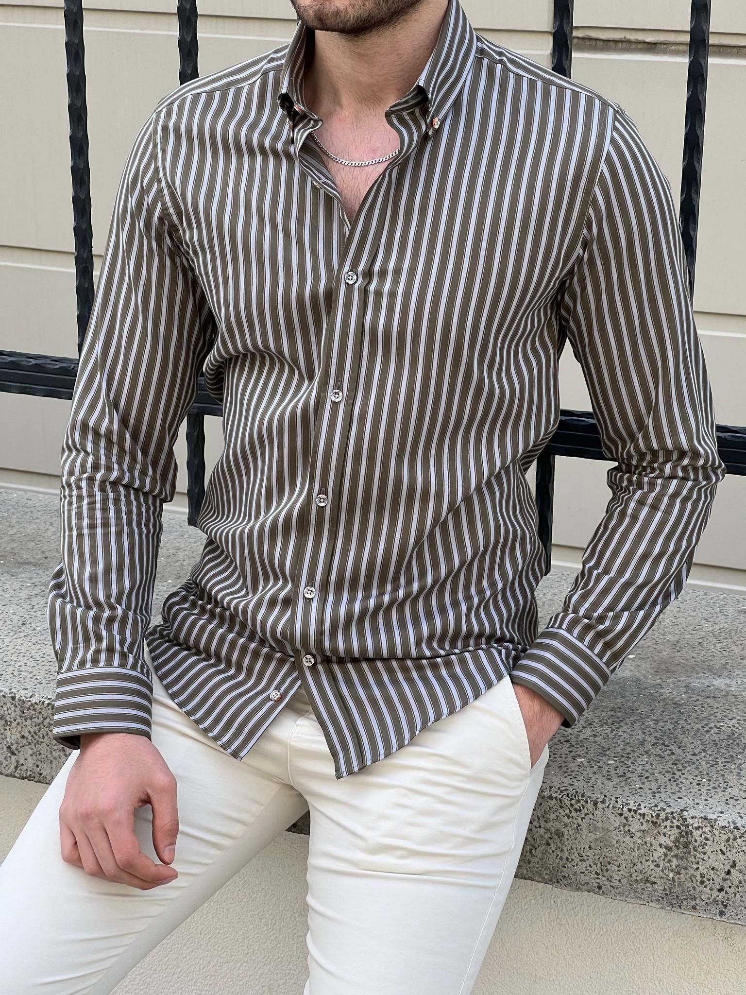 Bojoni Montebello Slim Fit High Quality Striped Khaki Cotton Shirt