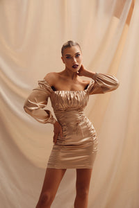 Viclans Draped Satin Mini Gold Dress with Lace-up Waist 