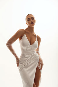 Viclans Satin White Dress with Thin Straps and Drapery on the Skirt 