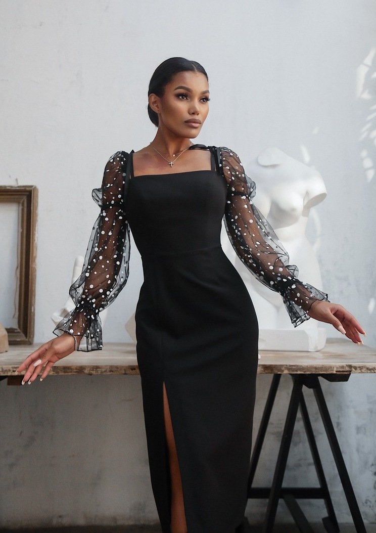 Bodycon Dress with Slit and Mesh Sleeves Black Bodycon Dress with Slit and Mesh Sleeves Black