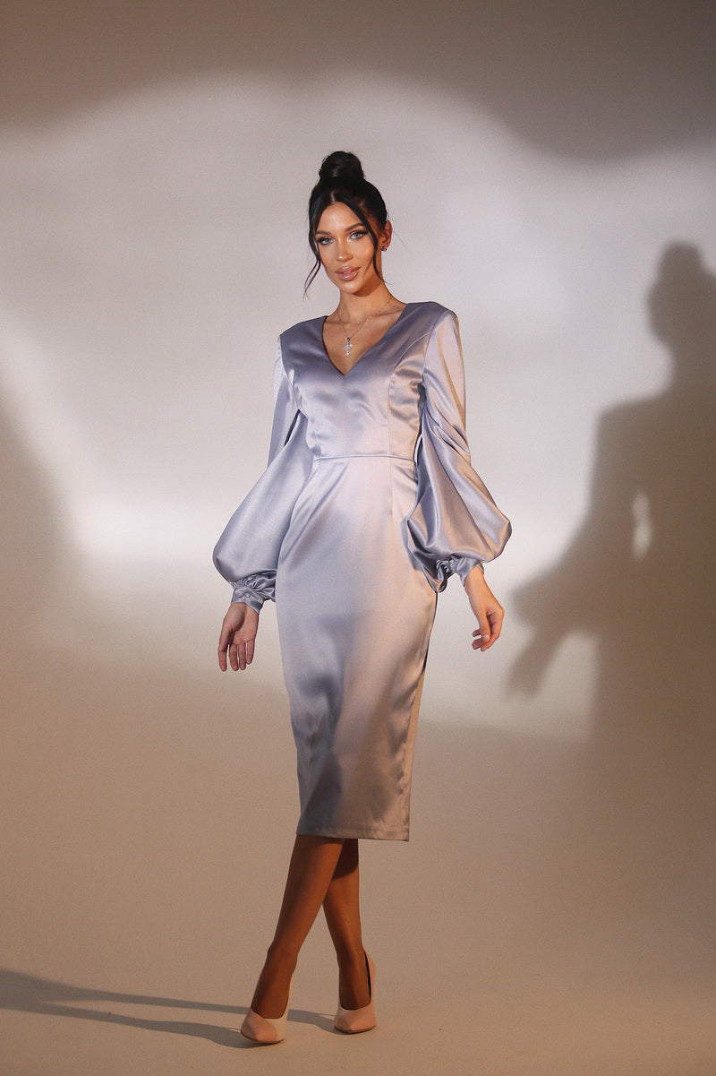 Viclans Satin Midi Gray Dress with Puffy Sleeves | VICLAN Viclans Satin Midi Gray Dress with Puffy Sleeves | VICLAN