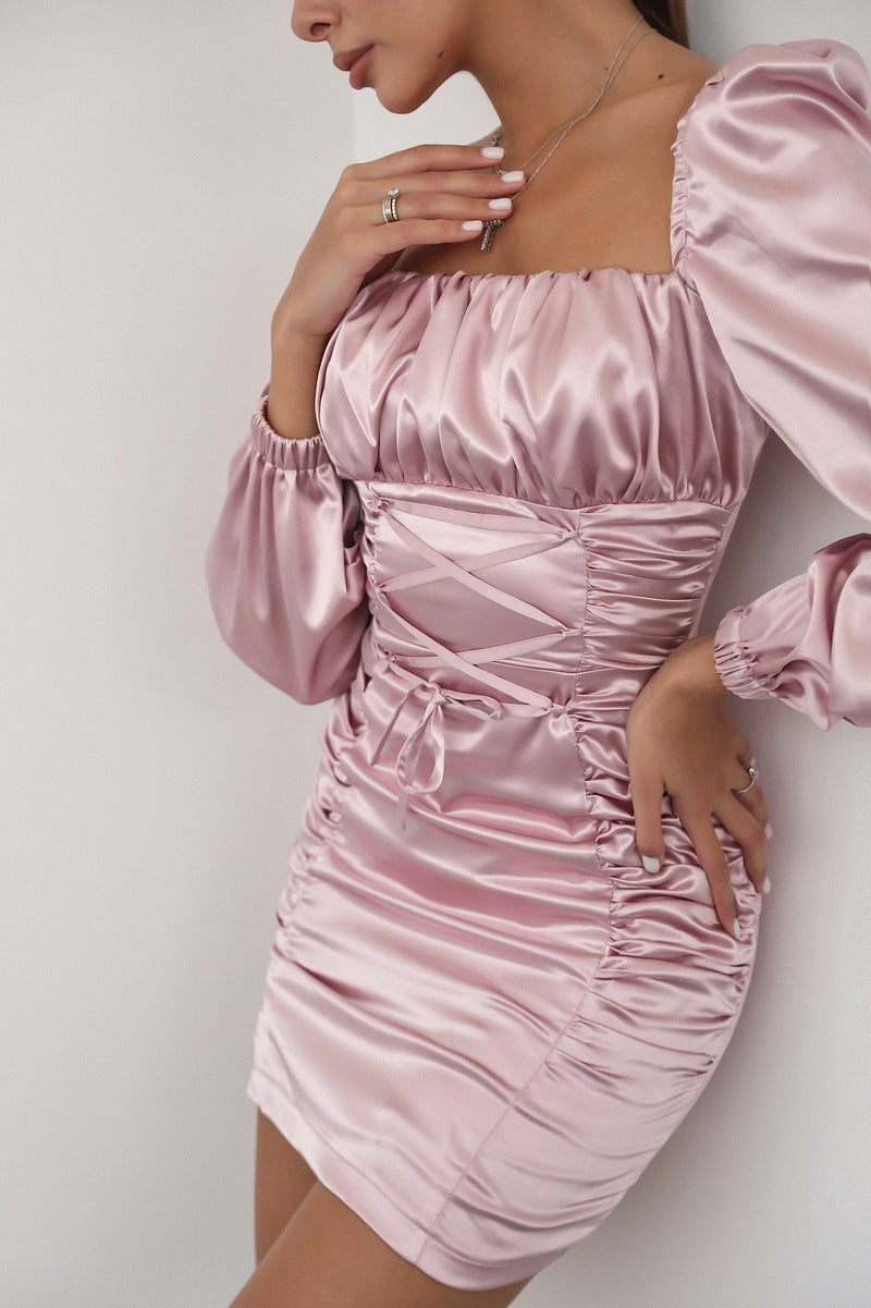 Viclans Draped Satin Mini Pink Dress with Lace-up Waist 