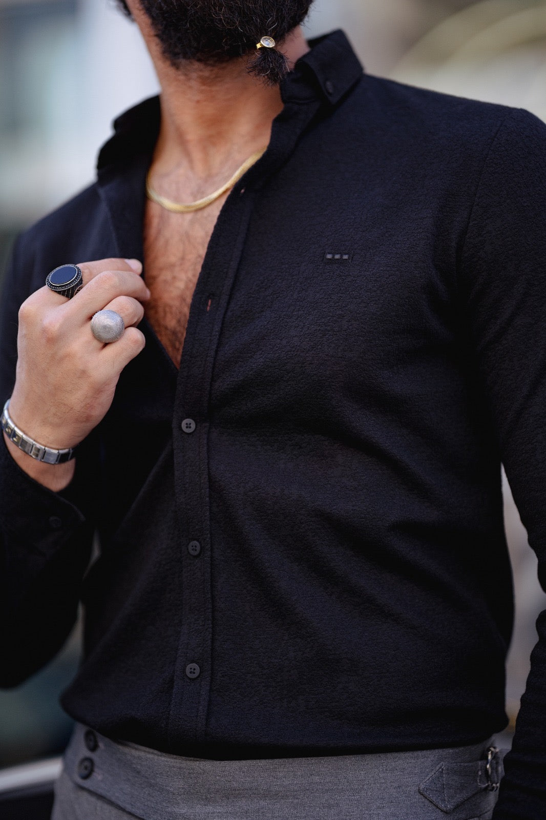 Bojoni Milford Black Slim Fit Textured Cotton Shirt
