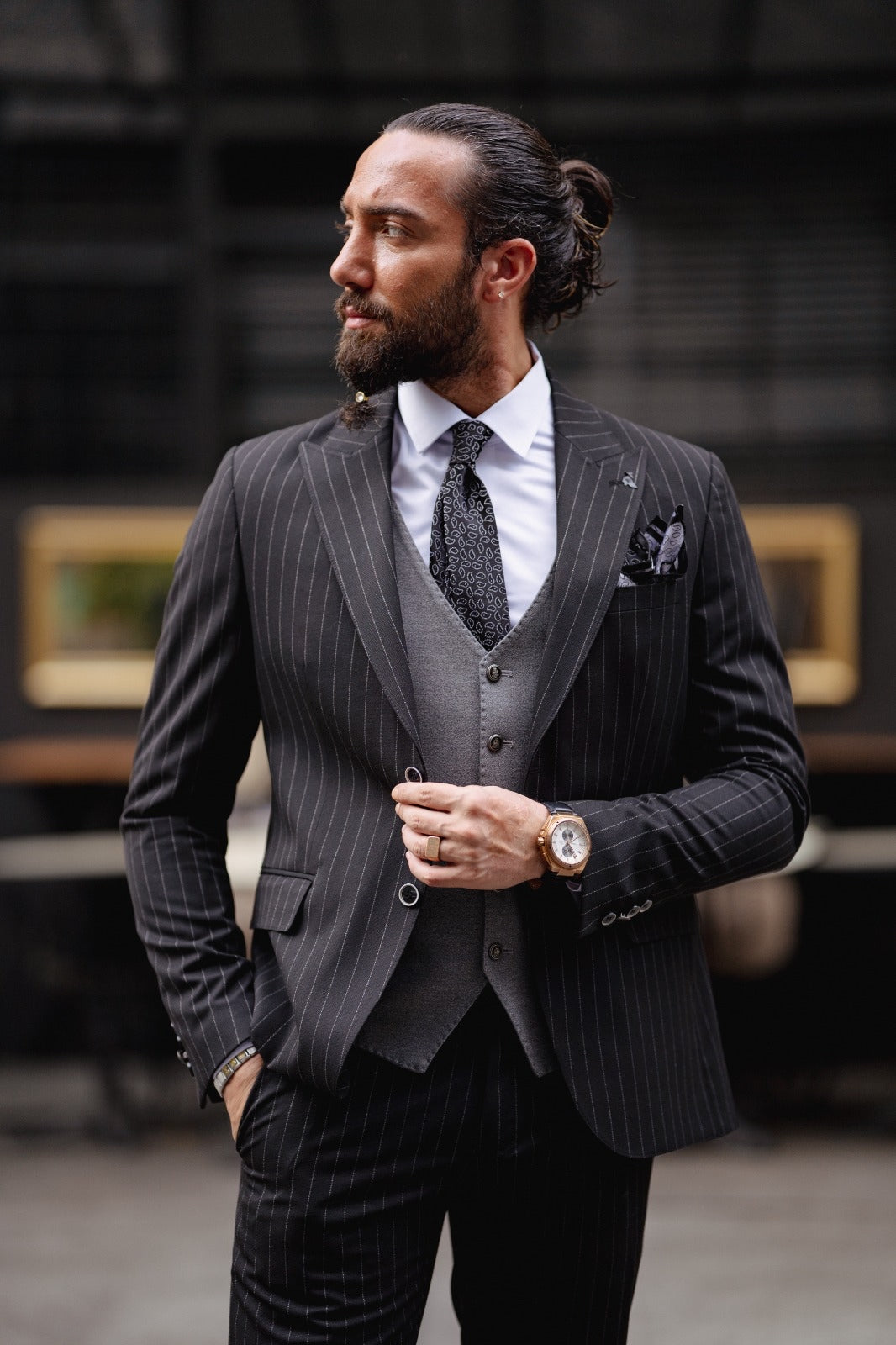 Bojoni  Matera Black Slim Fit Pinstripe Combination Suit