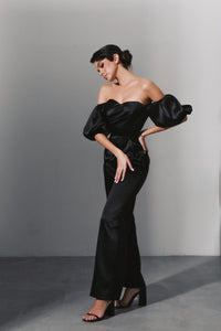 Viclans Off-The-Shoulder Satin Black Jumpsuit with Puffy Sleeves 