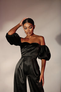 Viclans Off-The-Shoulder Satin Black Jumpsuit with Puffy Sleeves 