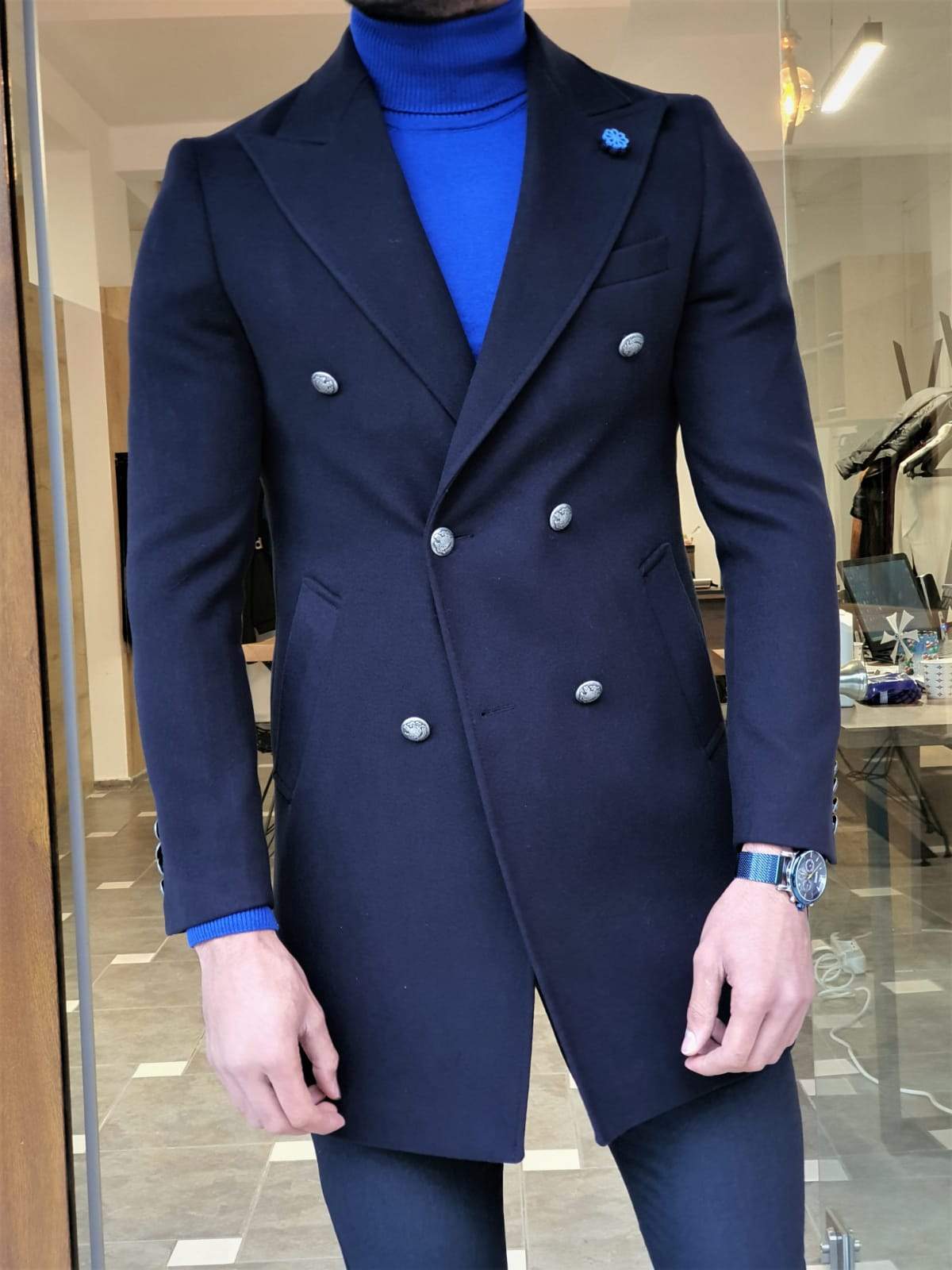 Paruri Navy Blue Slim Fit Wool Long Coat-baagr.myshopify.com-Jacket-brabion