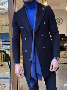 Paruri Navy Blue Slim Fit Wool Long Coat-baagr.myshopify.com-Jacket-brabion