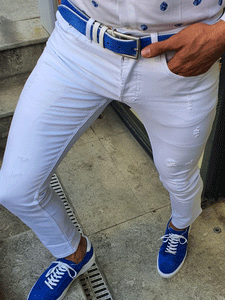 Bellingham White Slim Fit Handmade Ripped Jeans-baagr.myshopify.com-Pants-BOJONI