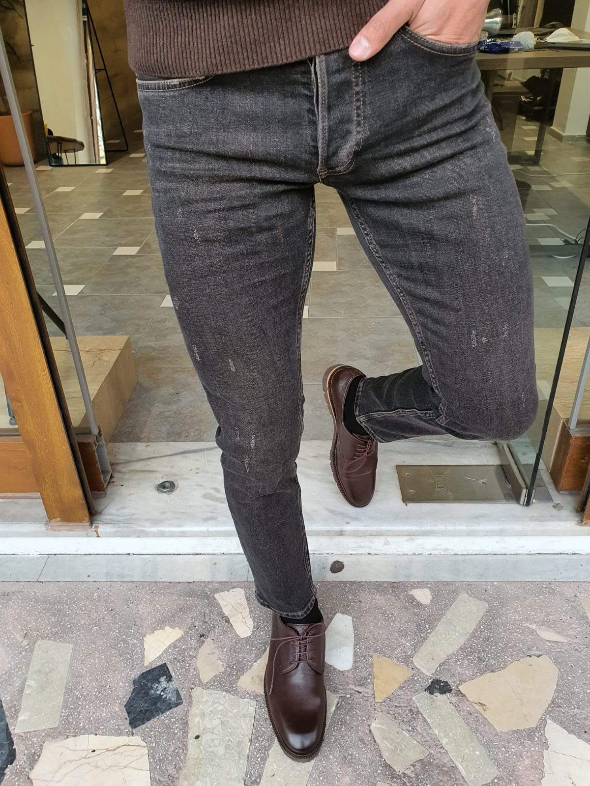 Bastoni Black Slim Fit Striped Jeans-baagr.myshopify.com-Pants-BOJONI