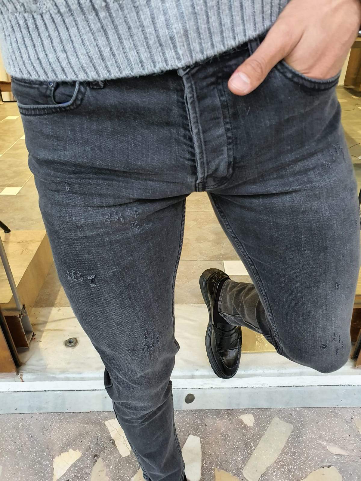 Bastoni Gray Slim Fit Striped Jeans-baagr.myshopify.com-Pants-BOJONI