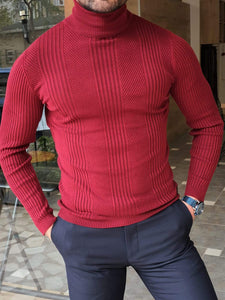 Elko Claret Red Slim Fit Striped Turtleneck Wool Sweater-baagr.myshopify.com-sweatshirts-BOJONI