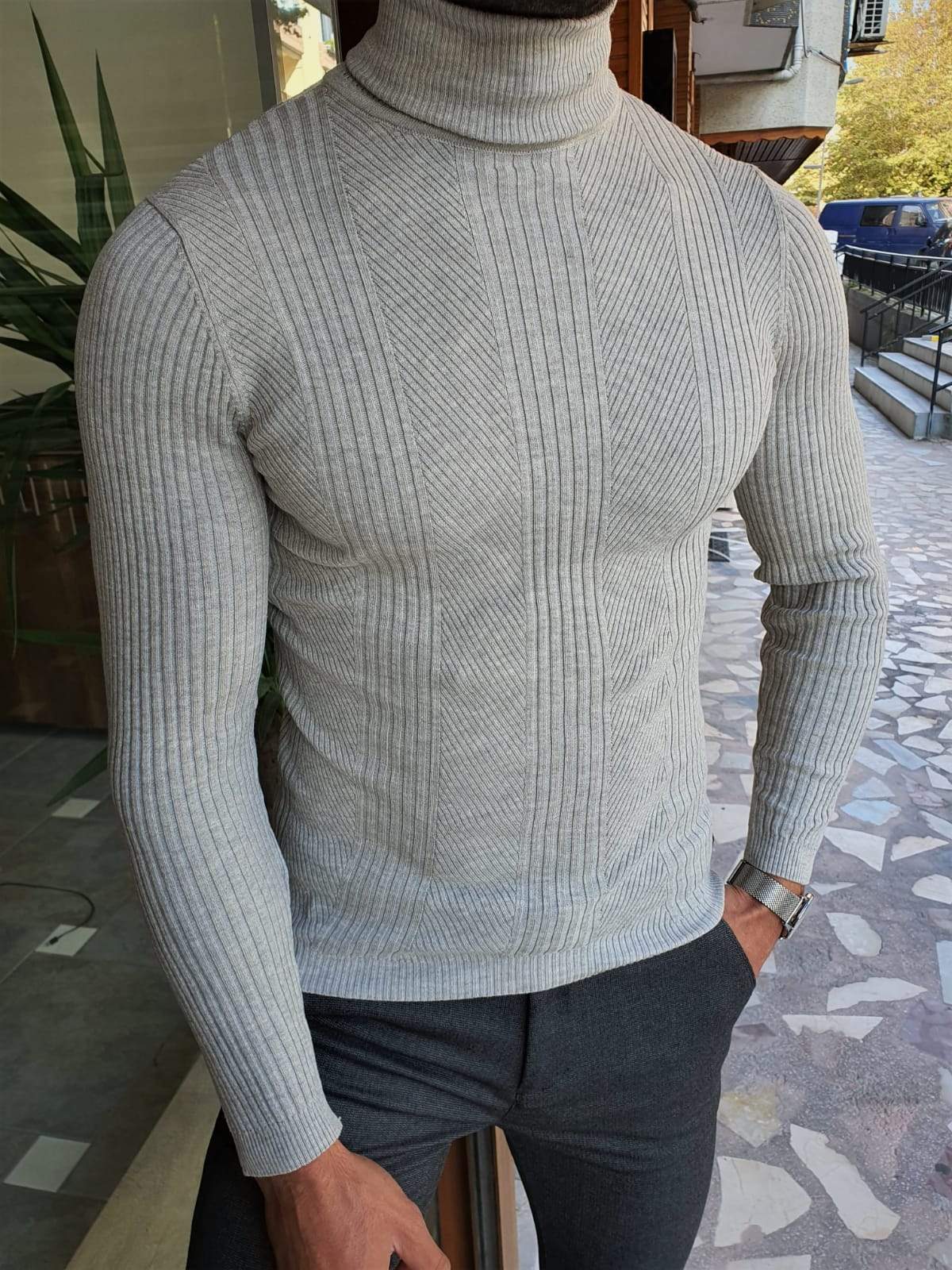 Elko Gray Slim Fit Striped Turtleneck Wool Sweater-baagr.myshopify.com-sweatshirts-BOJONI