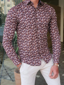 Bastoni Brown Slim Fit Leaves Pattern Long Sleeve Cotton Shirt-baagr.myshopify.com-Shirt-BOJONI