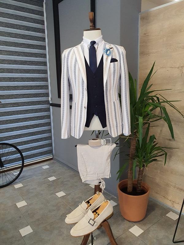 Elche Camel Slim Fit Striped Notch Lapel Cotton Suit-baagr.myshopify.com-suit-BOJONI