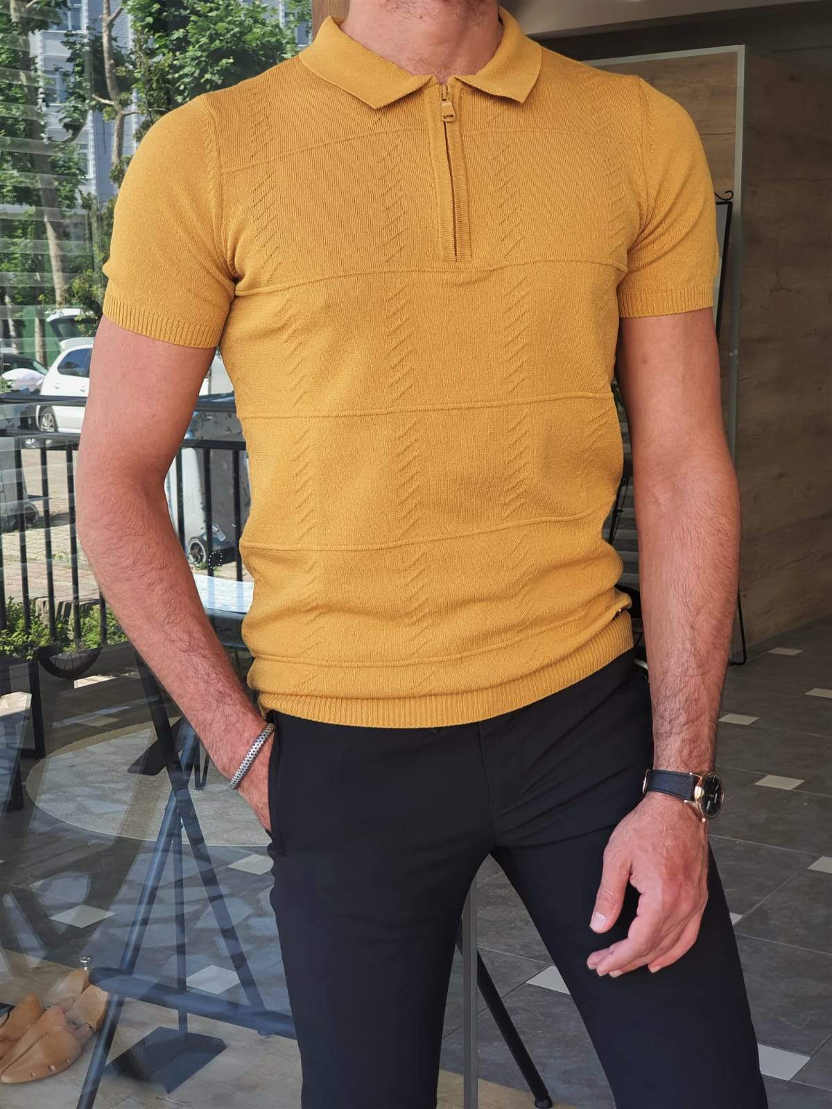Bano Mustard Slim Fit Zipper Polo T-Shirt-baagr.myshopify.com-T-shirt-BOJONI