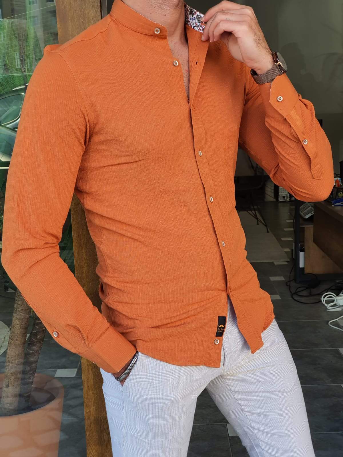 Bastoni Orange Slim Fit Long Sleeve Cotton Shirt-baagr.myshopify.com-Shirt-BOJONI