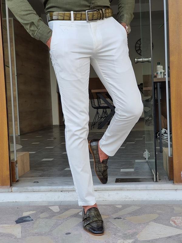Bastoni White Slim Fit Cotton Pants-baagr.myshopify.com-Pants-BOJONI