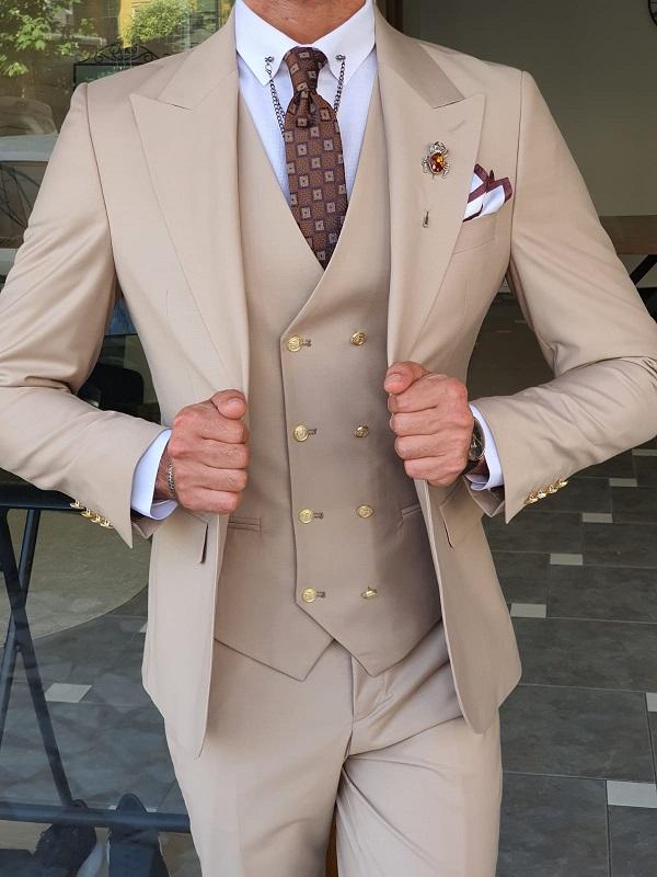 Boston Beige Slim Fit Peak Lapel Wool Suit-baagr.myshopify.com-suit-BOJONI