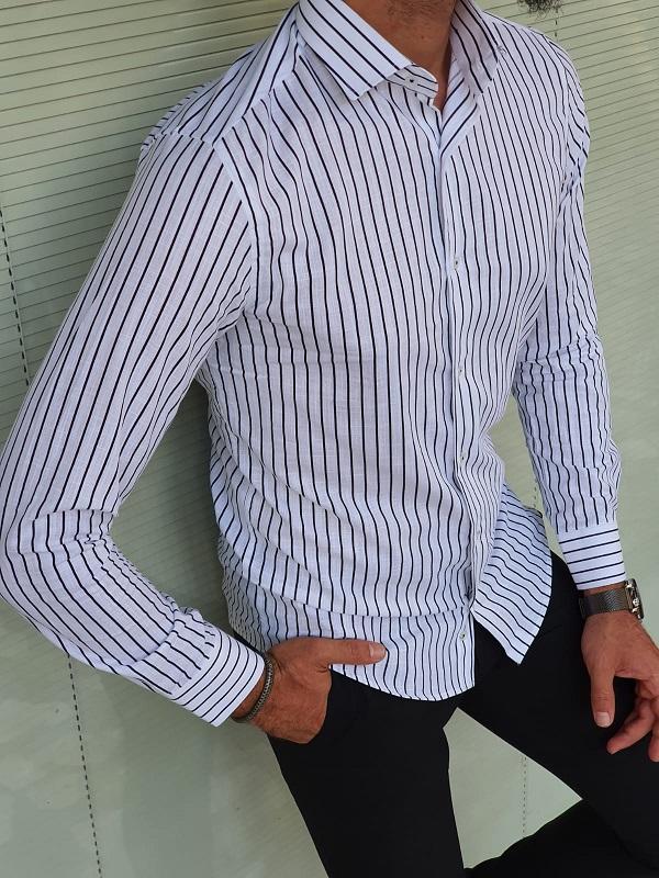 Major Black Slim Fit Long Sleeve Striped Cotton Shirt-baagr.myshopify.com-Shirt-BOJONI