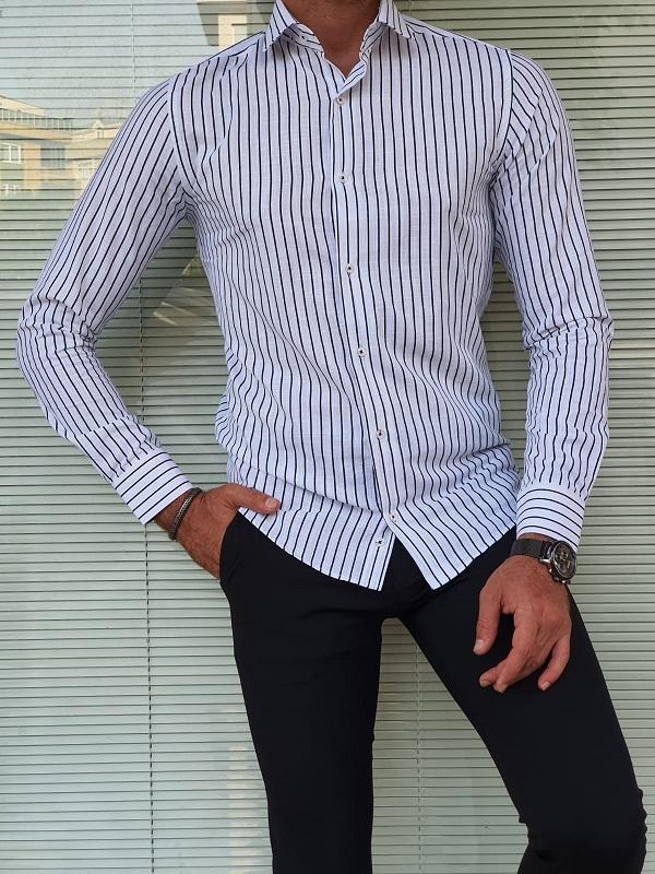 Major Black Slim Fit Long Sleeve Striped Cotton Shirt-baagr.myshopify.com-Shirt-BOJONI