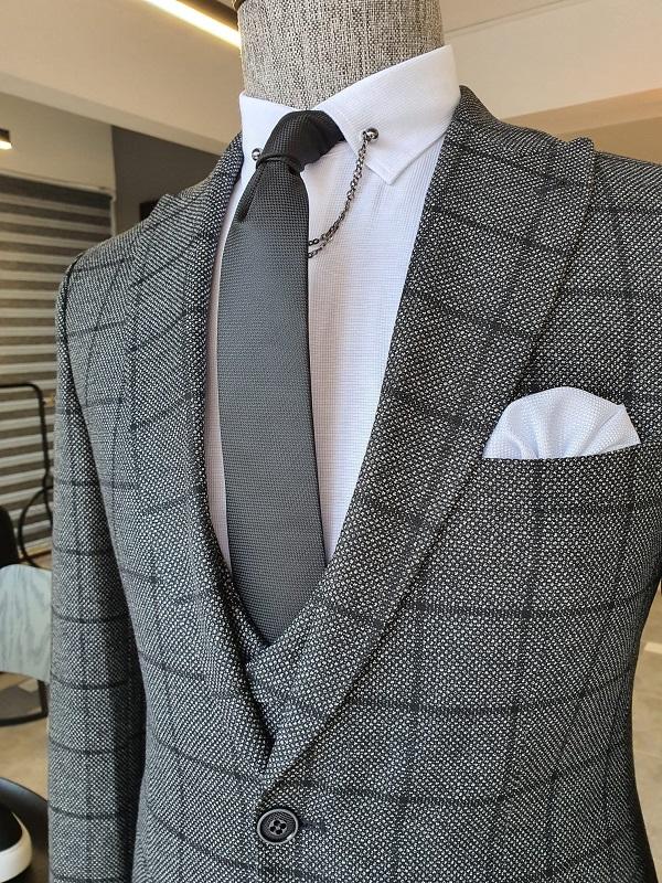 Elche Gray Slim Fit Peak Lapel Plaid Suit-baagr.myshopify.com-suit-BOJONI