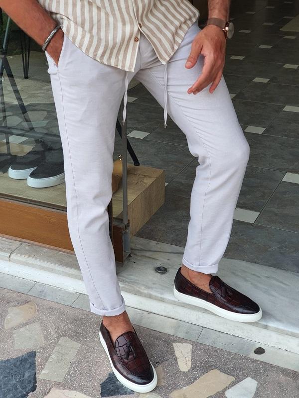 Bastoni Beige Slim Fit Linen Pants-baagr.myshopify.com-Pants-BOJONI