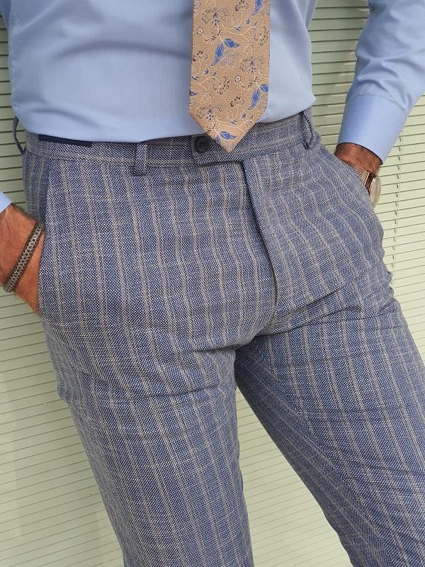 Frezo Navy Blue Beige Slim Fit Striped Pants-baagr.myshopify.com-Pants-BOJONI