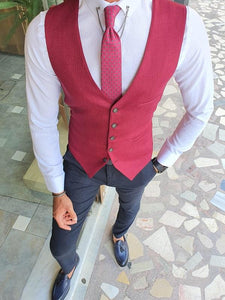 Red Slim Fit Linen Vest-baagr.myshopify.com-suit-BOJONI