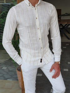 Capani White Brown Slim Fit Long Sleeve Striped Cotton Shirt-baagr.myshopify.com-Shirt-BOJONI