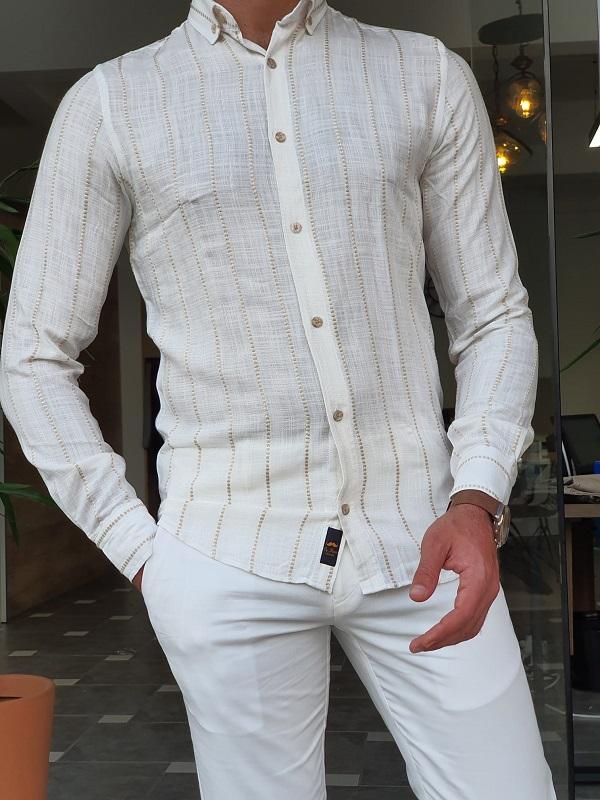 Capani White Brown Slim Fit Long Sleeve Striped Cotton Shirt-baagr.myshopify.com-Shirt-BOJONI
