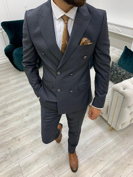 Zar Gray Slim Fit Peak Lapel Double Breasted Suit | VICLAN