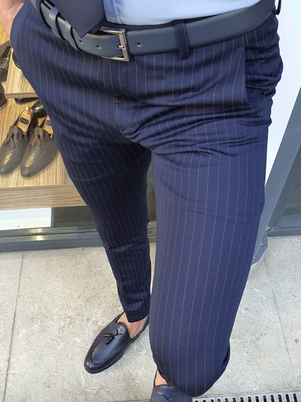 Oakland Navy Blue Slim Fit Pinstripe Pants | VICLAN Oakland Navy Blue Slim Fit Pinstripe Pants | VICLAN