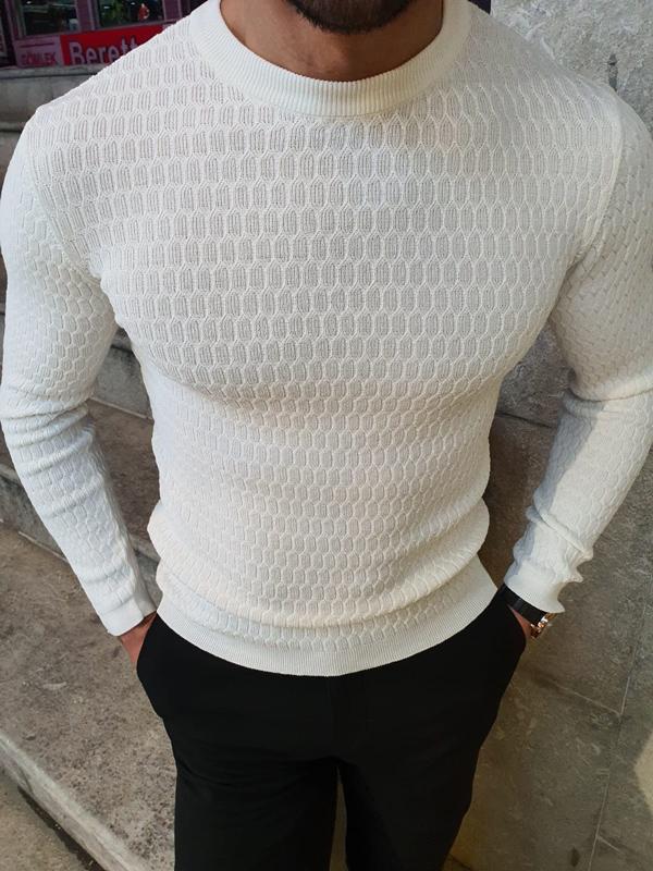 Natisk White Slim Fit Crew Neck Sweater | VICLAN