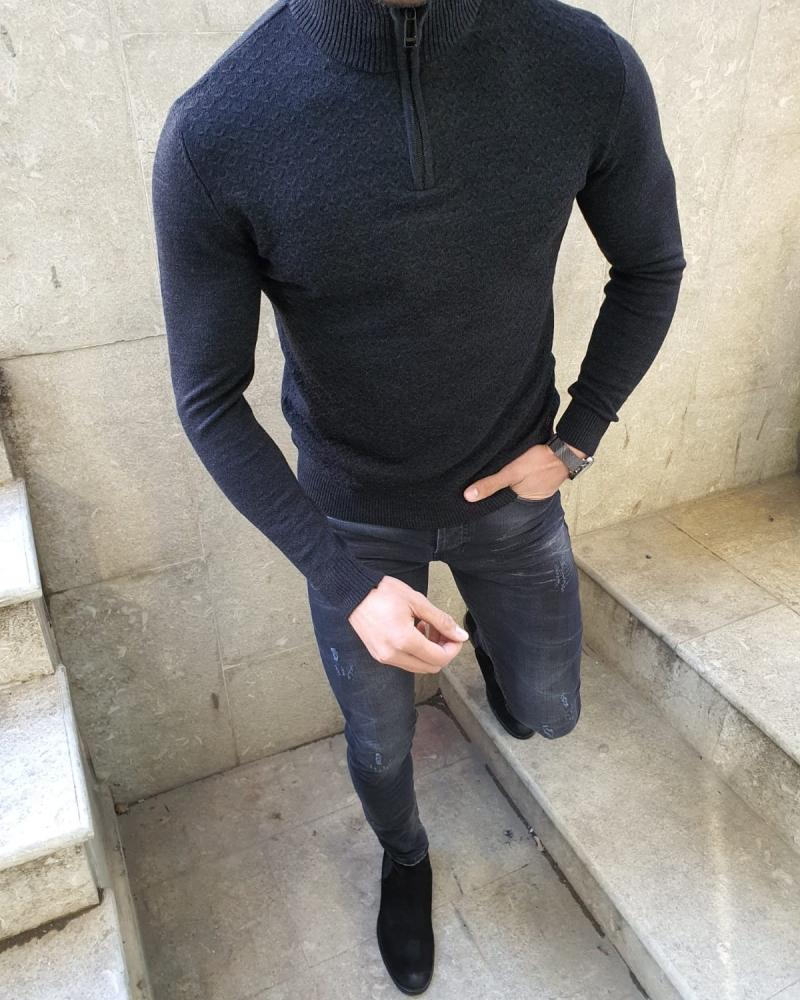 Natisk Black Slim Fit Zipper Mock Turtleneck Sweater-baagr.myshopify.com-sweatshirts-BOJONI