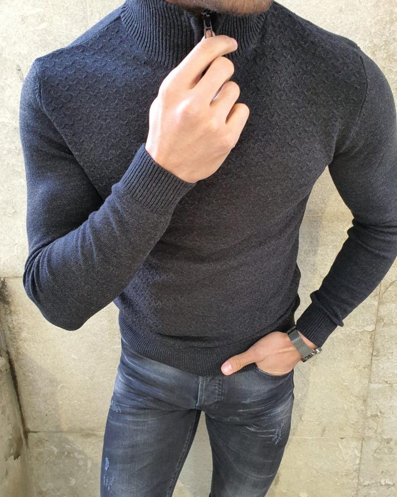 Natisk Black Slim Fit Zipper Mock Turtleneck Sweater-baagr.myshopify.com-sweatshirts-BOJONI