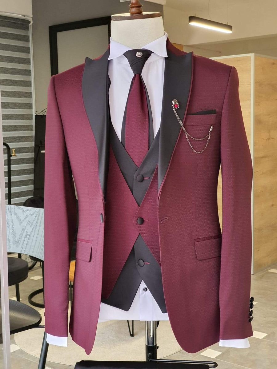 Lori Burgundy Slim Fit Peak Lapel Wedding Suit | VICLAN