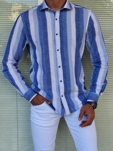 Areni Blue Slim Fit Long Sleeve Striped Linen Shirt-baagr.myshopify.com-Shirt-BOJONI