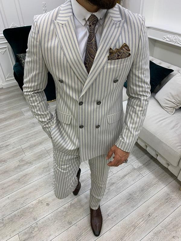Varteni Beige Slim Fit Peak Lapel Double Breasted Striped Suit-baagr.myshopify.com-1-BOJONI