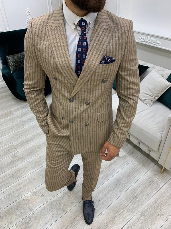 Varteni  Brown Slim Fit Peak Lapel Double Breasted Striped Suit-baagr.myshopify.com-1-BOJONI