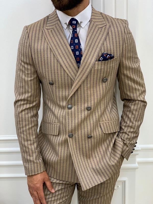 Varteni  Brown Slim Fit Peak Lapel Double Breasted Striped Suit-baagr.myshopify.com-1-BOJONI